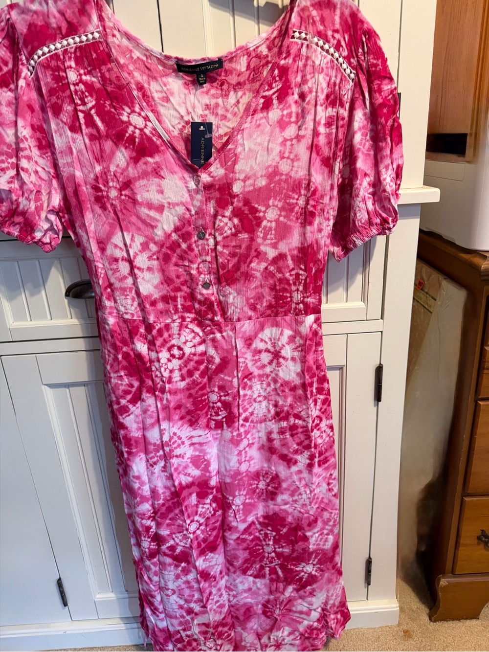 Adrienne Vittadini Pink Tie-Dye Button-Front Midi Dress - Picture 1 of 2